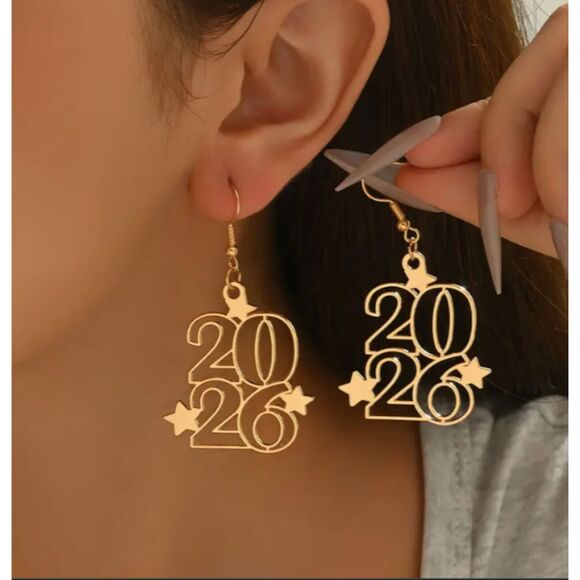 2026 New Year Earrings Gold Hollow - Picture 2 of 4